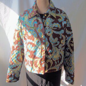 Silkland Brown/Turquoise/Lime  Print Quilted Silk Jacket, Size M